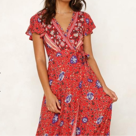 HALCYEEN Elegant Fashion TIE DOWN MAXI DRESS RED SZ MEDiUM NWT BoHo - Picture 5 of 10